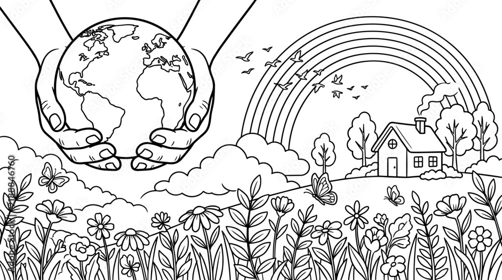 Obraz premium Hands holding planet Earth over a meadow with flowers, butterflies, trees, a house, and a rainbow