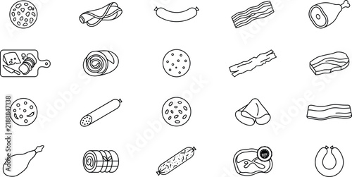 Deli Meat Icon Set with Sausage and Cured Ham Slice Symbols