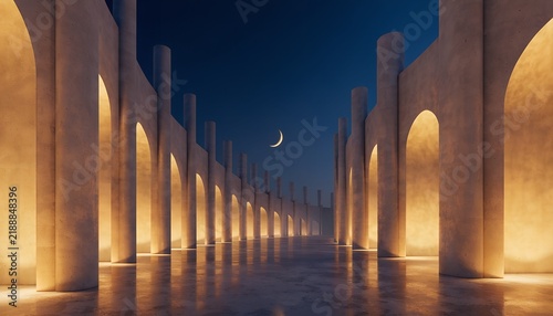 Grand illuminated hall with archways under a night sky with crescent moon