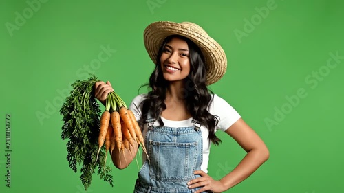 Happy Farmer Woman with Fresh Vegetables on Green Screen Background
