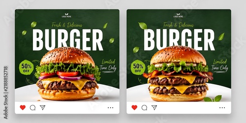 Gourmet burger social media post templates, fresh beef hamburger advertisement set, rustic green food promotion banners