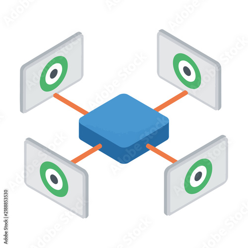 Isometric server hub connected to three monitors displaying camera lens icons, minimalist flat design technology network concept