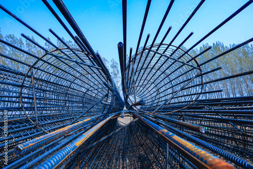 Reinforcing steel cage for concrete pile at construction site