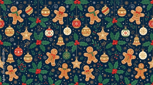 Christmas seamless pattern vector background with Santa Claus, reindeer, snowman, gingerbread man, tree, and holiday elements.