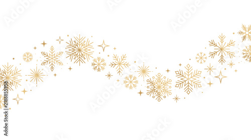 Golden Snowflake Wave: An elegant wavy pattern formed by numerous delicate golden snowflakes and sparkling star shapes on a white background, evoking a sense of winter magic and festive elegance.