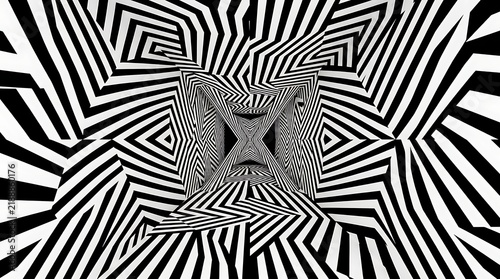A hypnotic black and white graphic design featuring a complex, distorted geometric pattern that creates a deep, immersive tunnel like optical illusion.