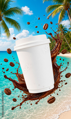 Coffee beverage mockup, coffee beverage advertising mockup, beverage mockup, tropical, tropical beach background