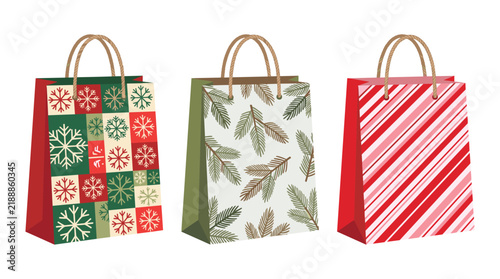 Christmas gift bags: A trio of festive paper gift bags, adorned with classic Christmas motifs like snowflakes, pine needles, and candy canes, ready for holiday presents.