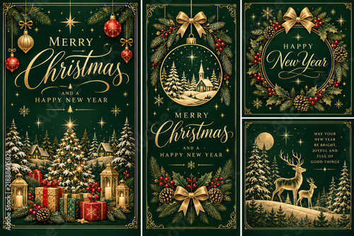 Luxury Vintage Christmas and New Year Greeting Card Collection in Green and Gold
