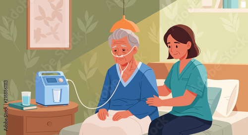 Caring Nurse Comforts Elderly Patient With Oxygen Therapy In Bedroom
