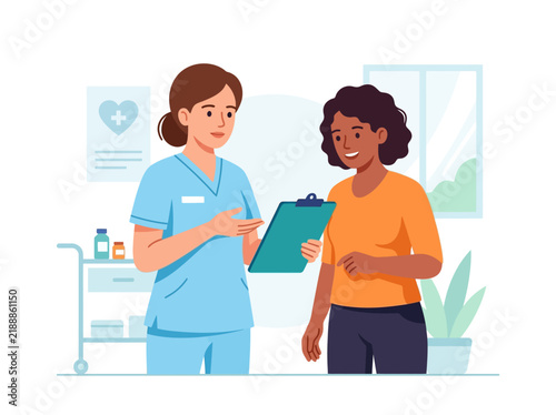 Caring Nurse Consults Patient With Clipboard Offering Health Guidance