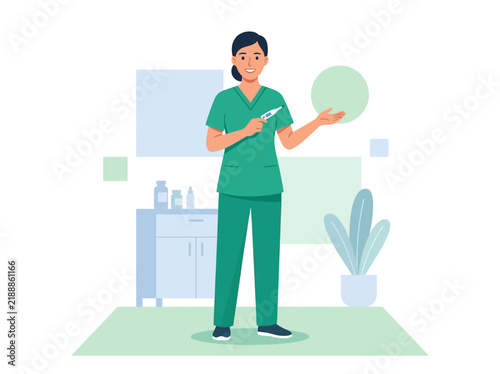 Caring Nurse Demonstrates Thermometer in Medical Clinic Setting