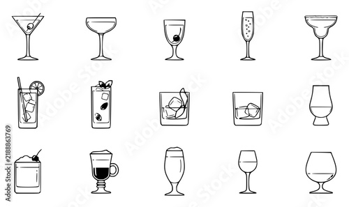Minimalist vector illustration of 15 cocktail glasses arra set with simple line art design featuring line art, illustrations, graphic resources with vector and design elements
