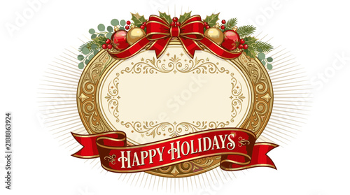 Vintage Christmas Frame with Happy Holidays Ribbon