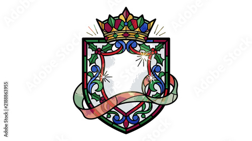 Stained Glass Christmas Shield Emblem with Crown Isolated