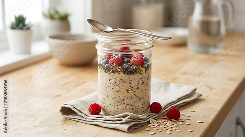 Jar of overnight oats topped with fresh raspberries and chia seeds
