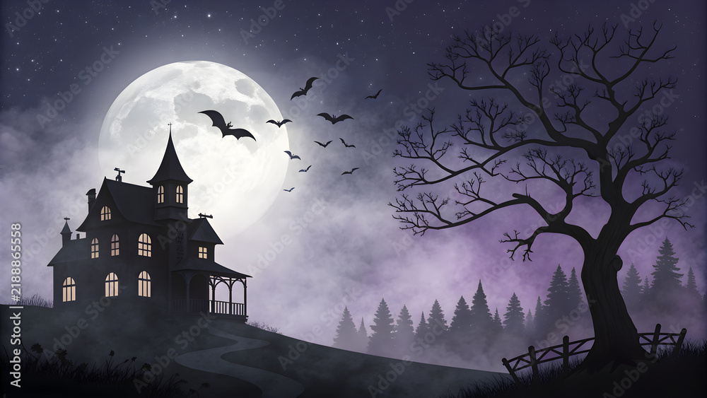 Fototapeta premium Fondo de Halloween con casa embrujada niebla y luna llena panoramico