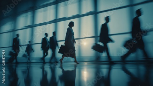 A group of business people walking down a long corridor, with their silhouettes illuminated by the light at the end of the tunnel. The mood is somber and introspective.