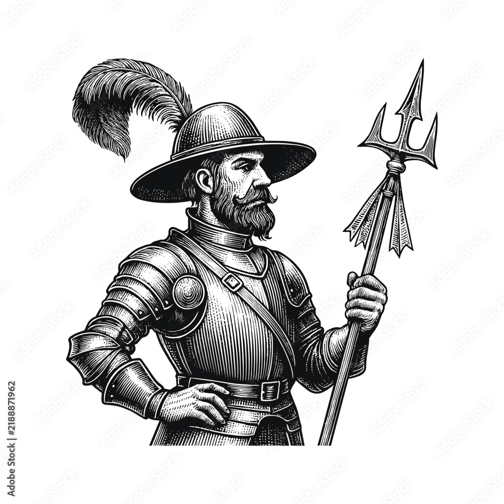 Obraz premium Vintage Warrior Man Holding Weapon Hand Drawn Illustration