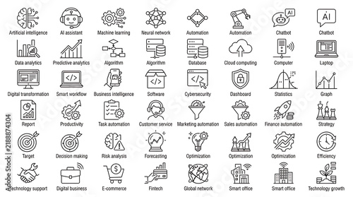 Linear icons labeled with artificial intelligence concepts display machine learning and digital transformation tools.