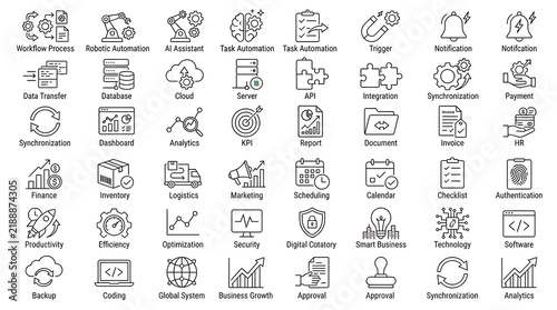 Vector icon collection with text labels highlights business process automation and digital technology.