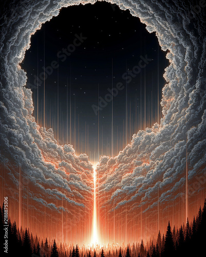 Massive circular cloud formation opens around a radiant vertical beam on the horizon, creating a surreal portal effect with dramatic atmosphere, symmetry, and cinematic light.