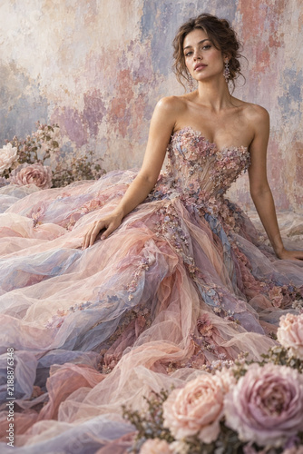 Fairytale woman in floral embroidered pastel tulle ballgown seated in dreamlike setting