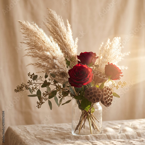 Red rose and pampas grass arrangement radiates romantic warmth