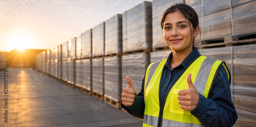 Happy female warehouse worker giving thumbs up at sunset. Young woman in safety vest standing by stacked pallets in logistics yard