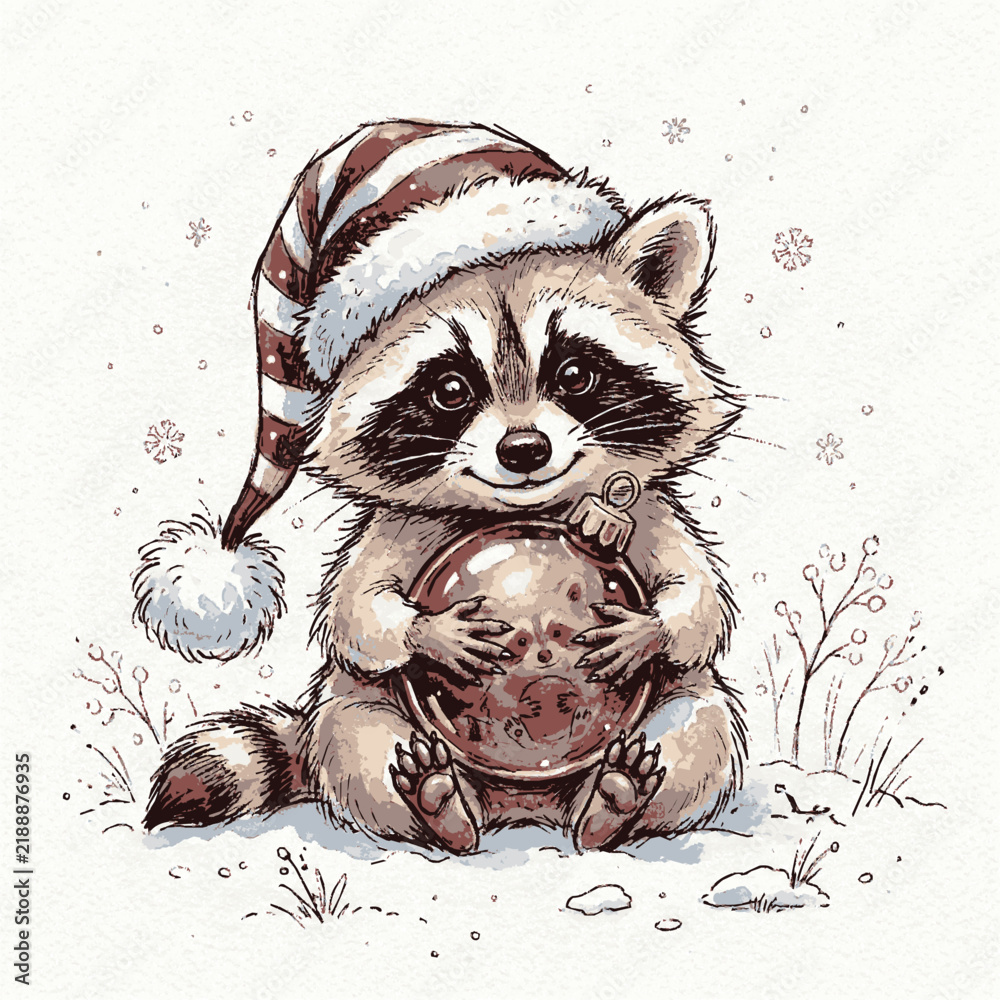 Obraz premium A cute raccoon cub wearing a striped winter hat holds a decorative holiday bauble in the falling snow with reflective holiday ornament