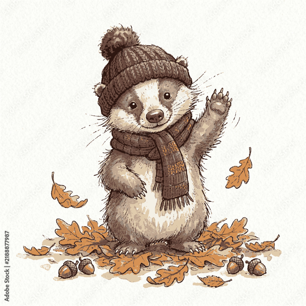 Fototapeta premium A cute baby badger wearing a knitted hat and scarf waving amidst falling autumn leaves with charming illustrated baby standing pile fallen