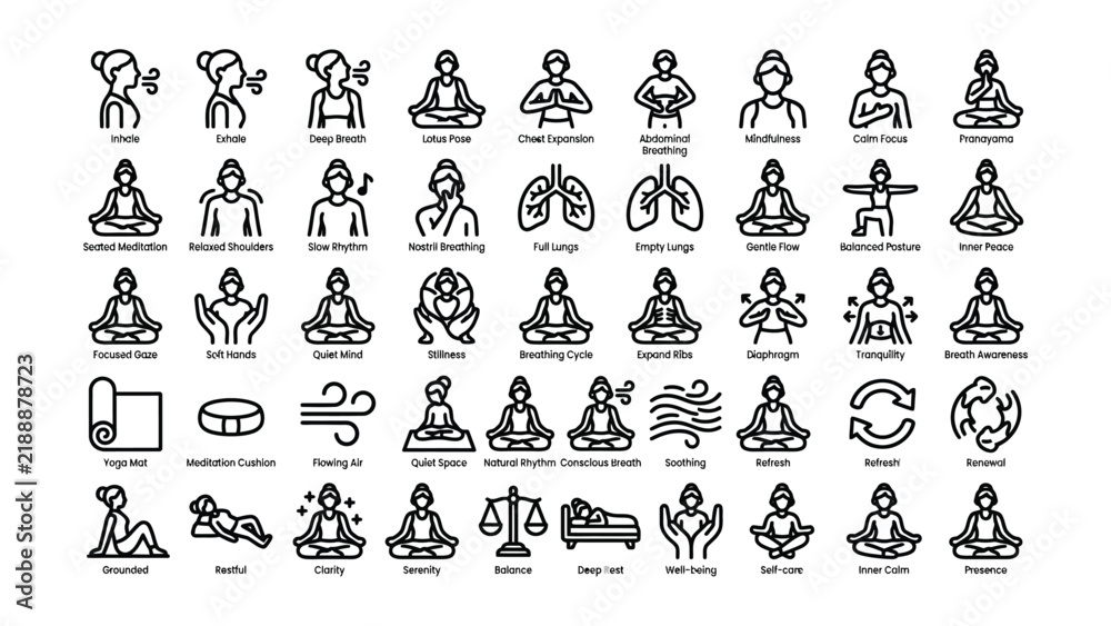 Obraz premium Collection of black line icons depicting various meditation breathing techniques and relaxation poses on transparent background