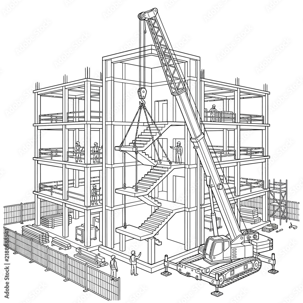 Fototapeta premium Building Construction Site Line Art with Mobile Crane and Workers Architecture Illustration