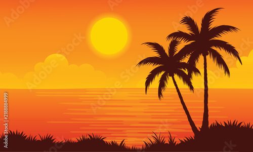 illustration of sunset beach landscape with palm tress in silhouette background