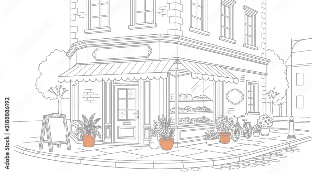 Fototapeta premium Minimalist black and white line art illustration of a charming corner bakery and cafe storefront featuring striped awnings, potted plants, a bicycle, and pastries in the display window.