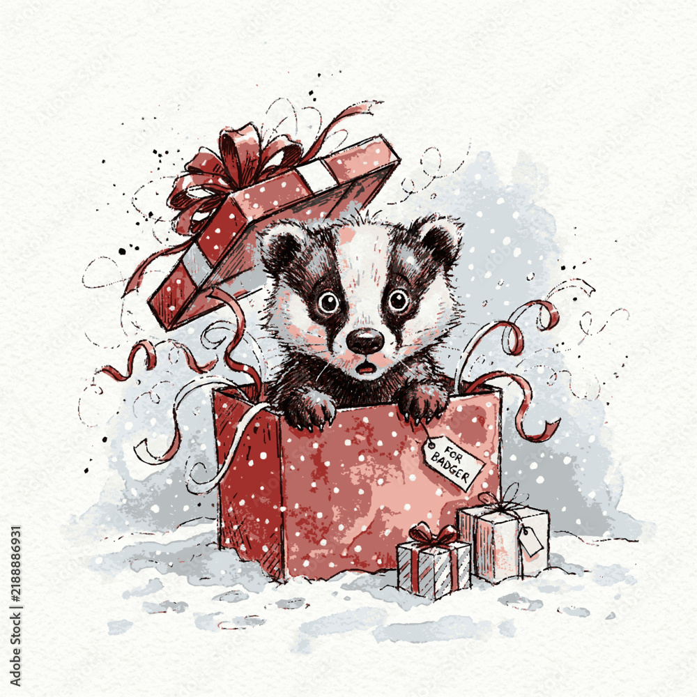 Obraz premium A cute baby badger cub sitting inside a red polka dot gift box in the snow with surrounded smaller presents dots while surrounded