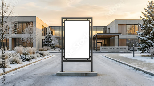 Blank Vertical Billboard Mockup on Snowy Modern Office Campus