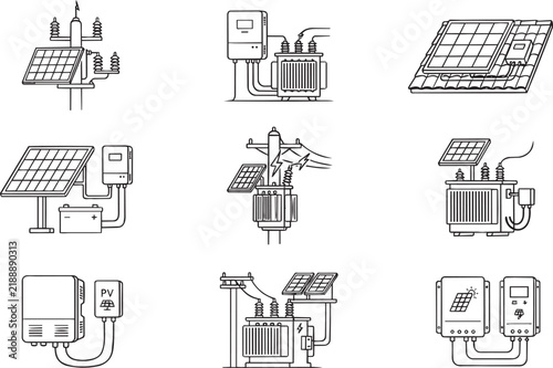 Detailed line icons of solar energy equipment, power, and electrical grid components for renewable energy systems