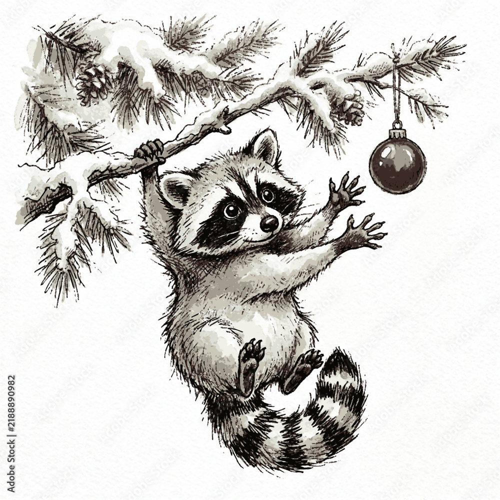 Obraz premium A cute baby raccoon dangles playfully from a snow covered pine tree branch reaching for an ornament with reaching hanging decorative
