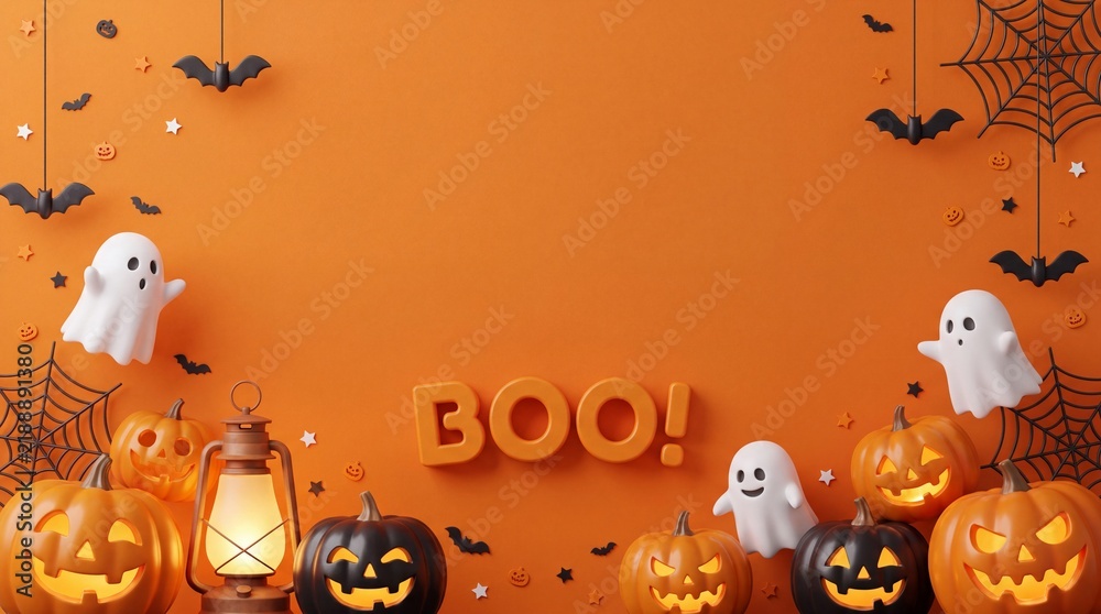 Fototapeta premium Festive halloween background featuring cute white ghosts carved jack o lanterns and hanging bats on orange backdrop