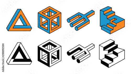 Isometric impossible shapes set with orange and blue colors on checkered backdrop