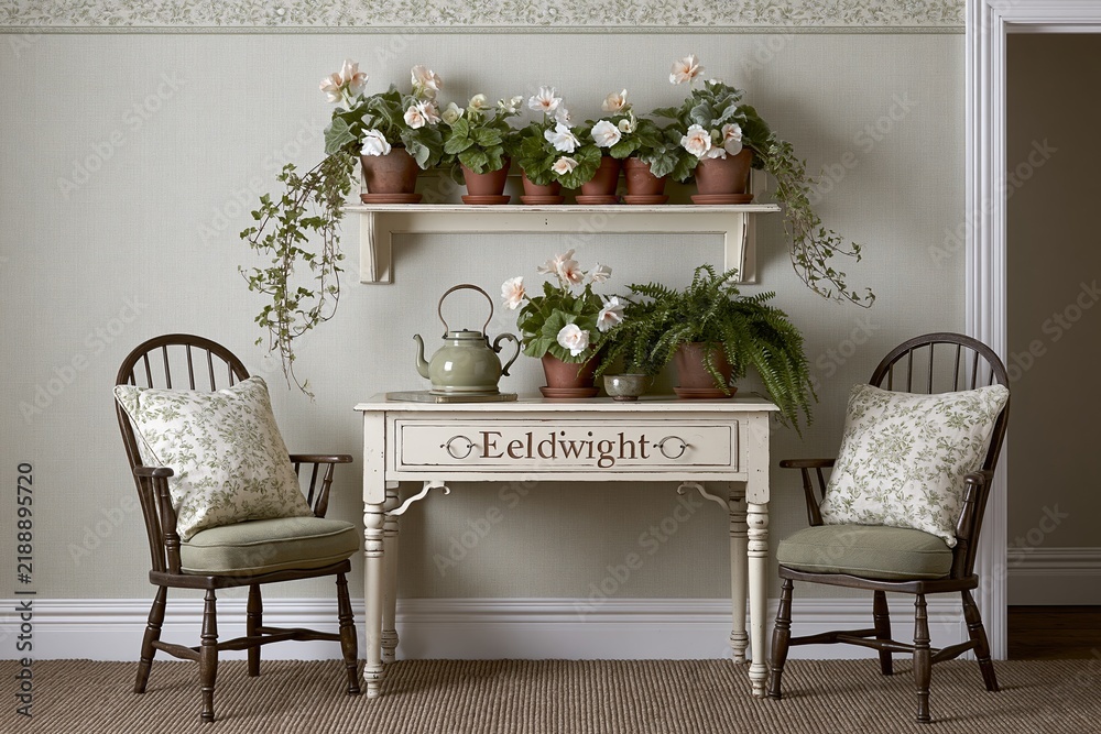 Obraz premium Cozy Sitting Area with Vintage Table, Potted Plants, and Floral Cushioned Chairs