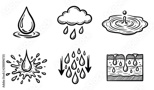 Water drop icons set with rain cloud splash and ripple hand drawn illustration