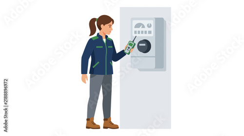 illustration of female technician checking electric meter with handheld device on white background