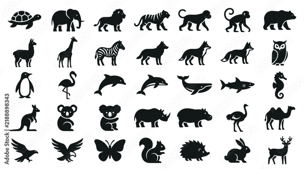 Obraz premium Large collection of small black wildlife and pet icons.
