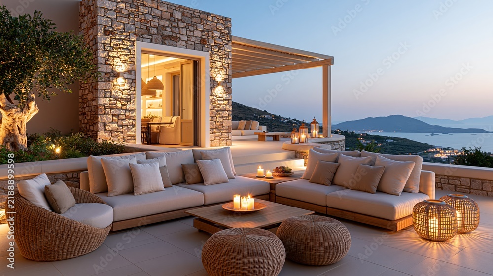 Fototapeta premium Luxury Mediterranean Villa Terrace with Elegant Outdoor Seating and Ambient Evening Lighting Overlooking Scenic Coastal View
