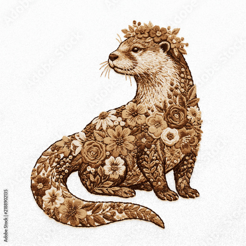 A detailed brown embroidery of a river otter covered in intricate floral patterns with adorned various flowers sits profile with needlework