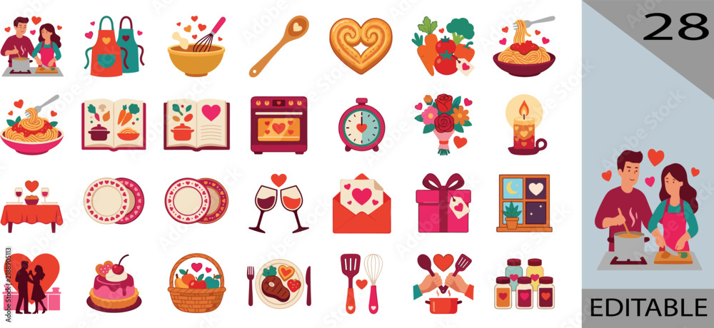 Fototapeta premium Collection of 28 romantic couple cooking illustrations with kitchen food love heart designs vector editable