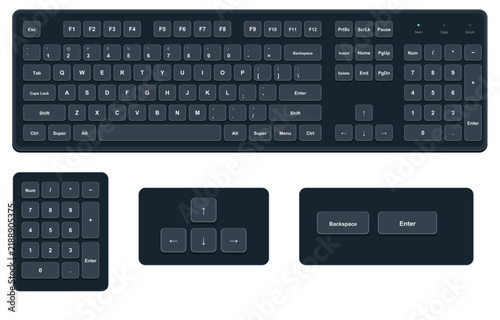 Full size 104 key desktop keyboard with enlarged detail groups