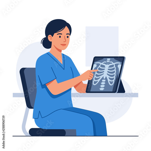 Medical Professional Examines Patient X-ray On Digital Tablet